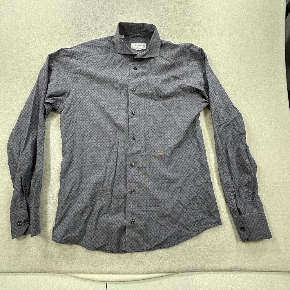Eton Dress Shirt Mens Medium 39 15.5 Gray Blue Geometric Slim Fit Button Down